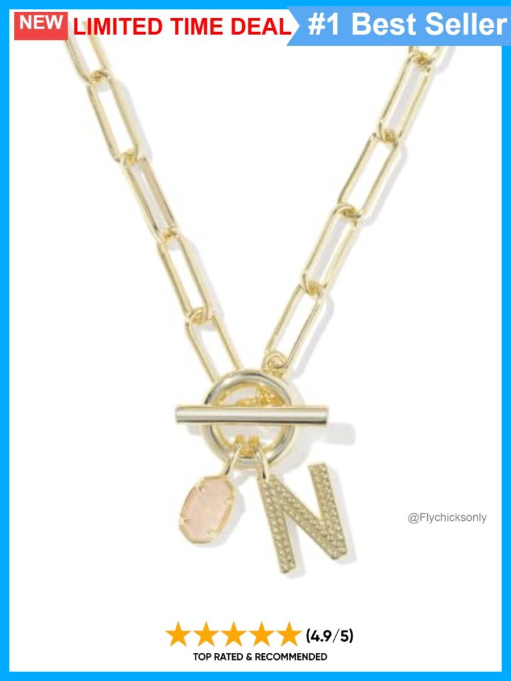Gold Plated Paperclip Link Chain Necklace Rose Quartz Initial Charm 18"